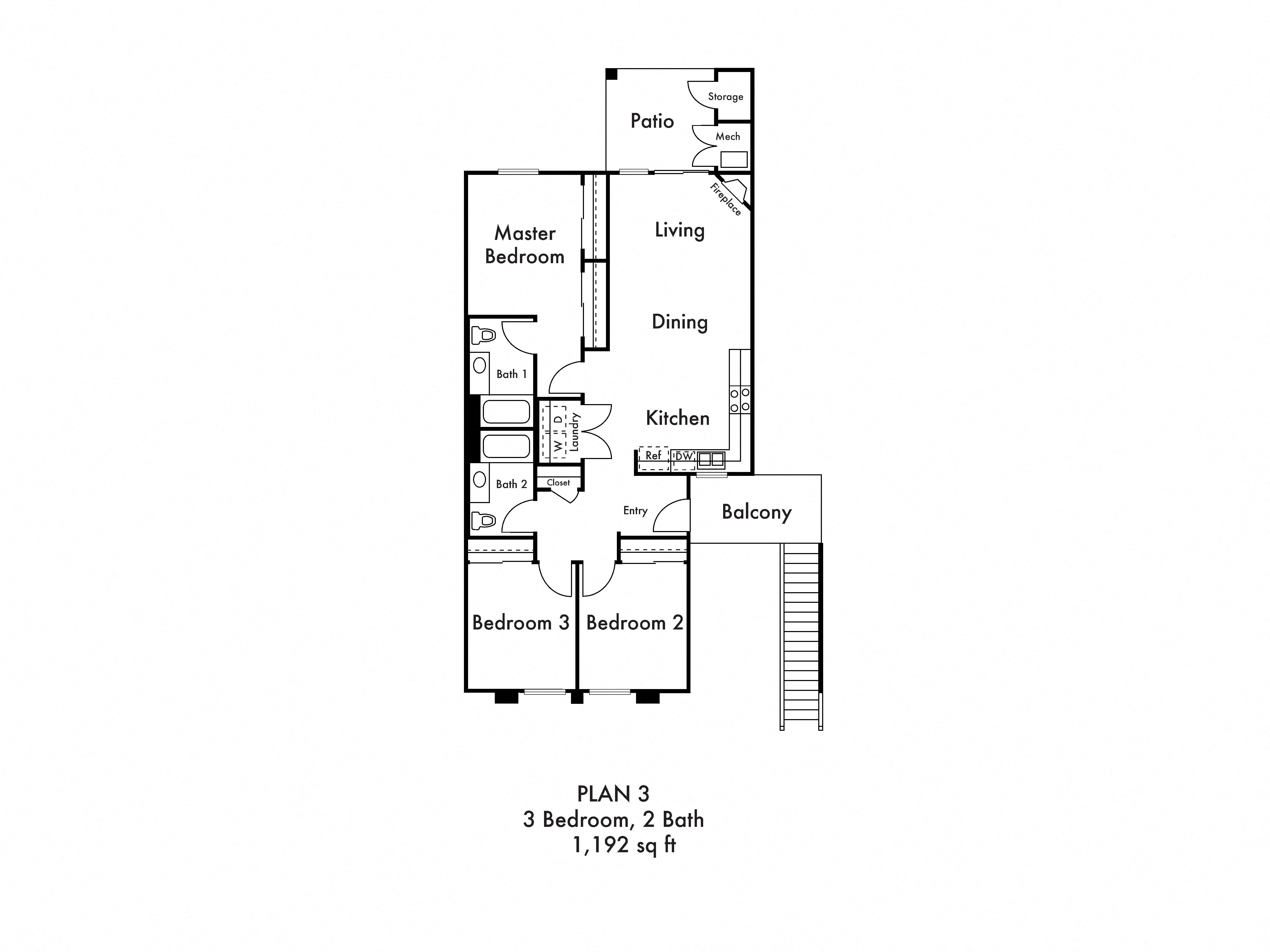 Floor plan for 3 beds, 2 baths, 1192 sqft